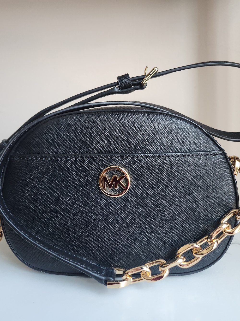 Michael Kors Black Saffiano Leather Crossbody Bag with Gold Chain